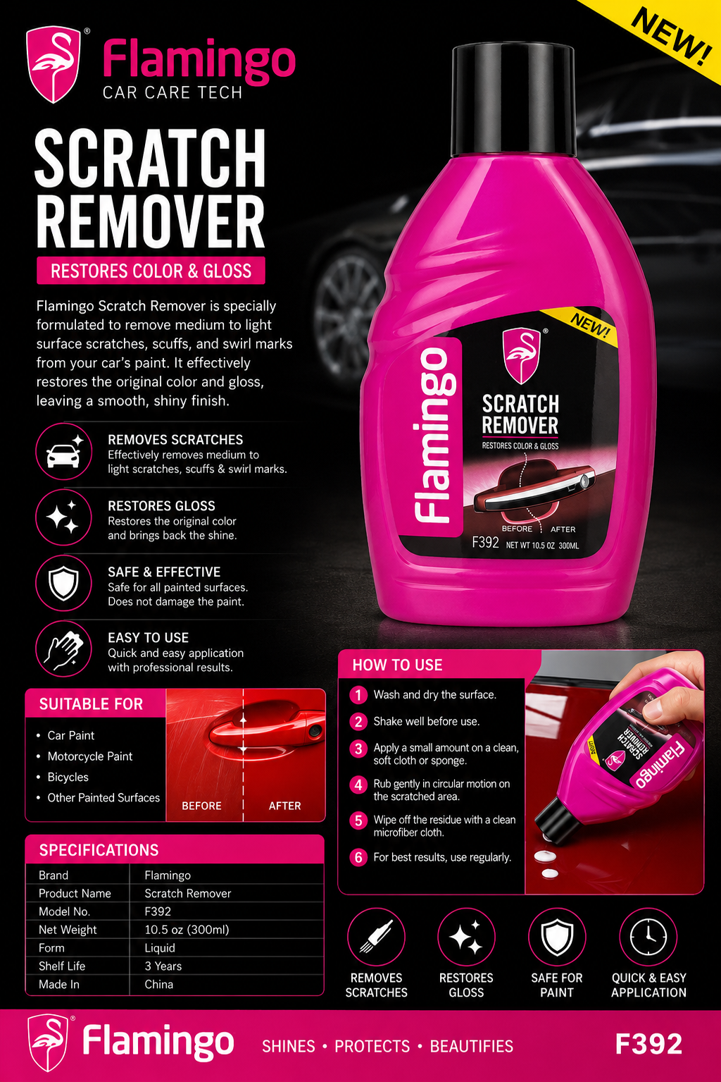 Flamingo Scratch Remover F392 300ml – Restores Paint Color & Gloss