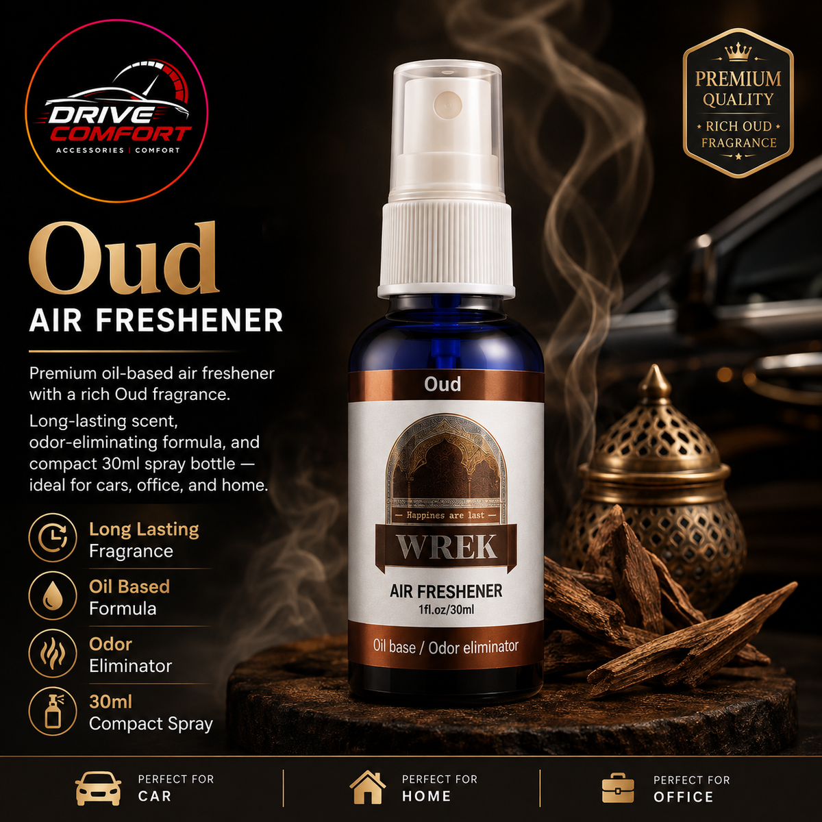 WREK Oud Air Freshener – Premium Oil Based 30ml Spray | Drive Comfort