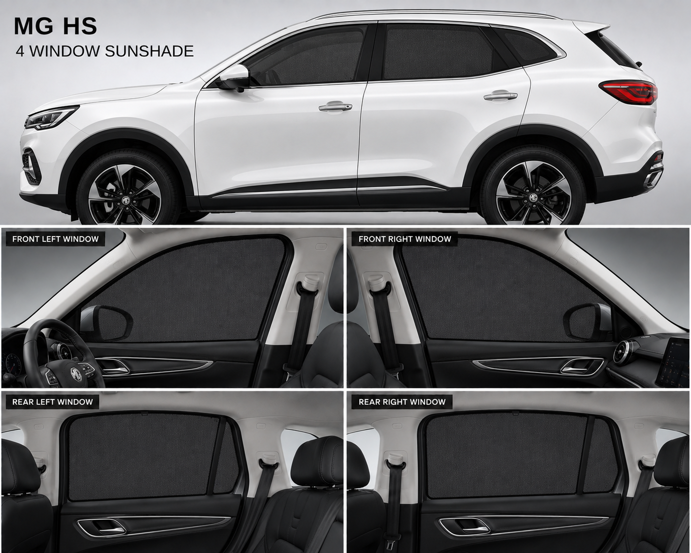 MG HS Car Window Sun Shades Ð Black 4 Piece UV Protection Set Without Logo