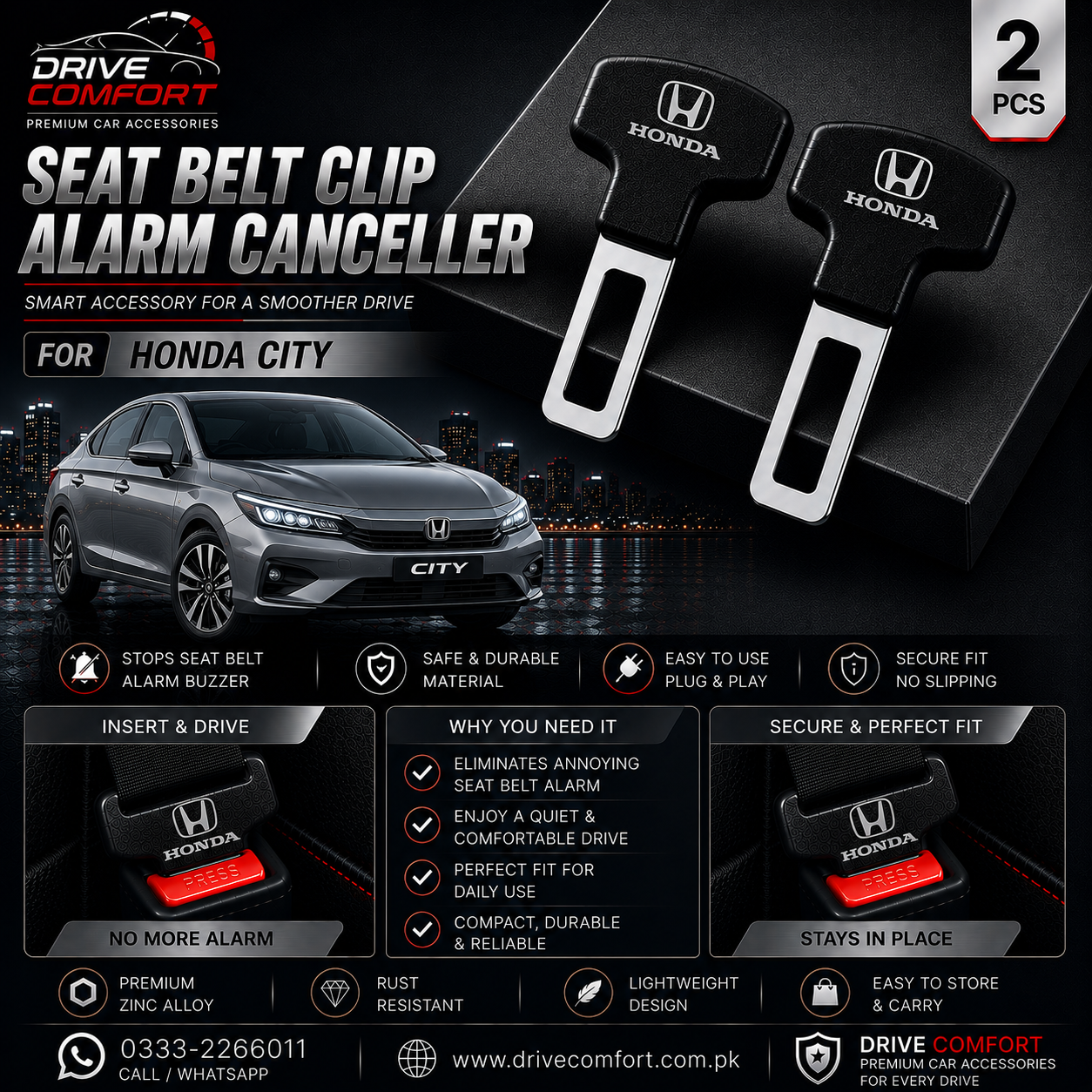 Honda City Seat Belt Clip Alarm Canceller – Metallic 2 Pcs Set