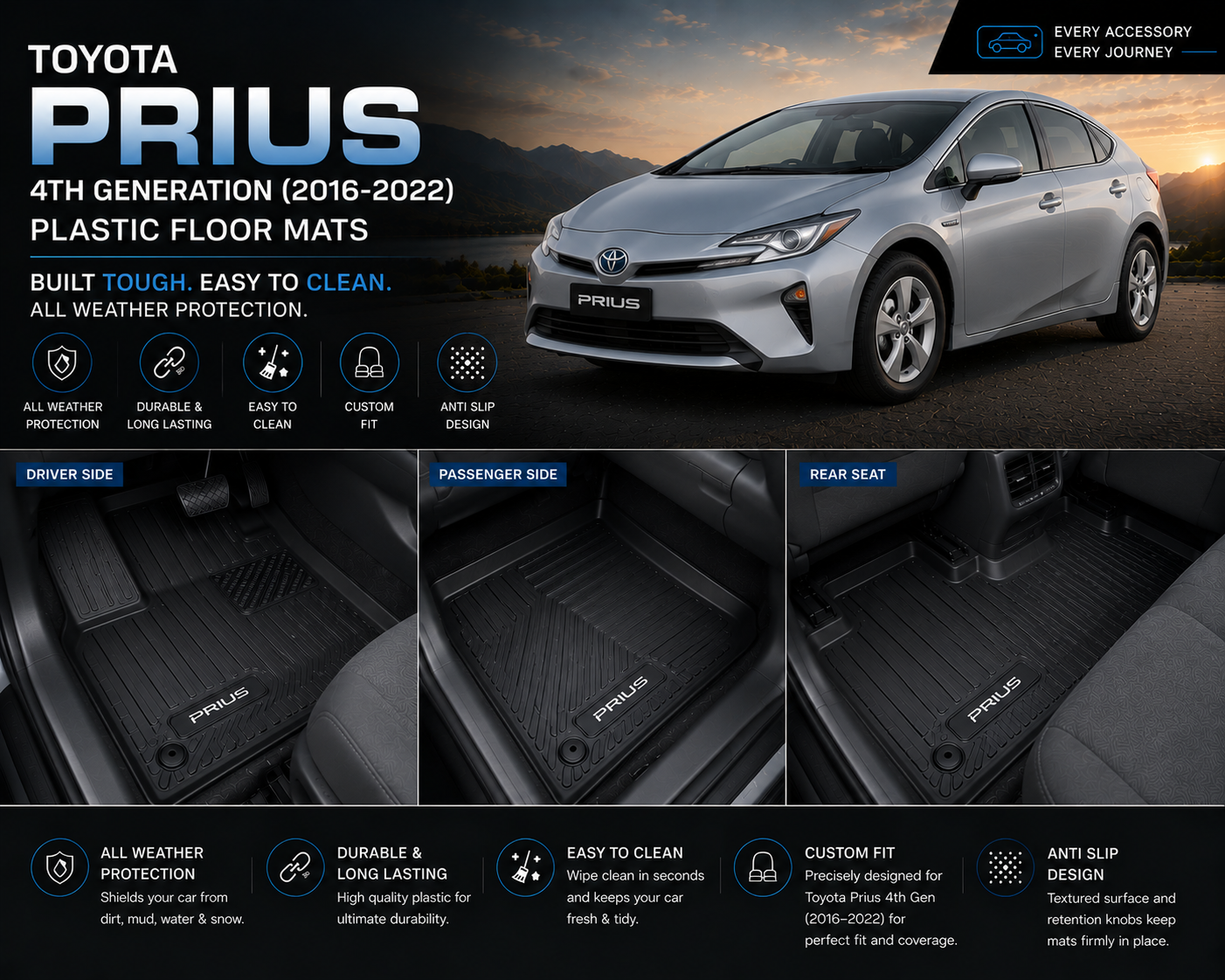 Toyota Prius Premium TPE Floor Mats Custom Fit All Weather Car Mats