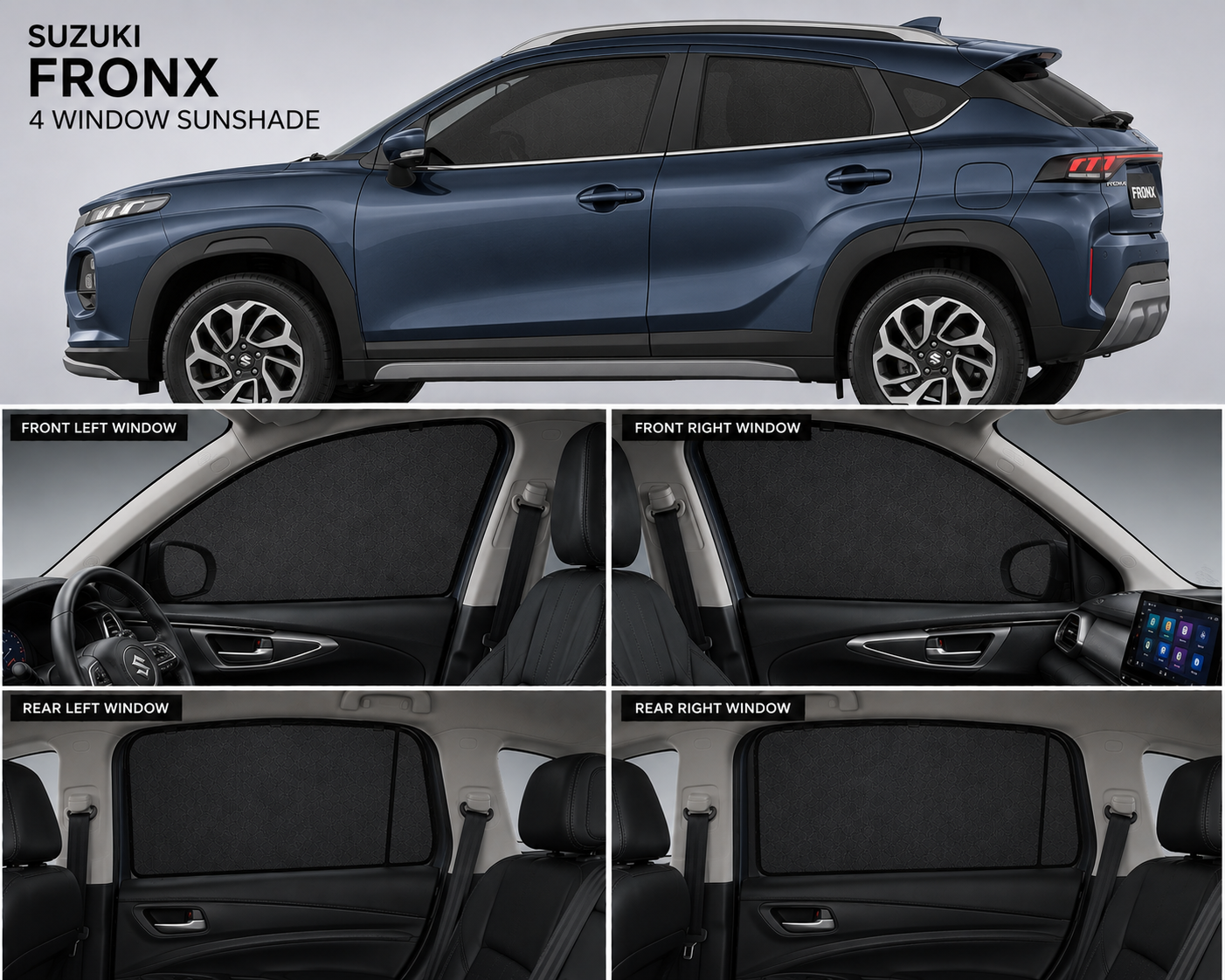 Suzuki Fronx Car Window Sun Shades Black 4 Piece UV Protection Set Without Logo