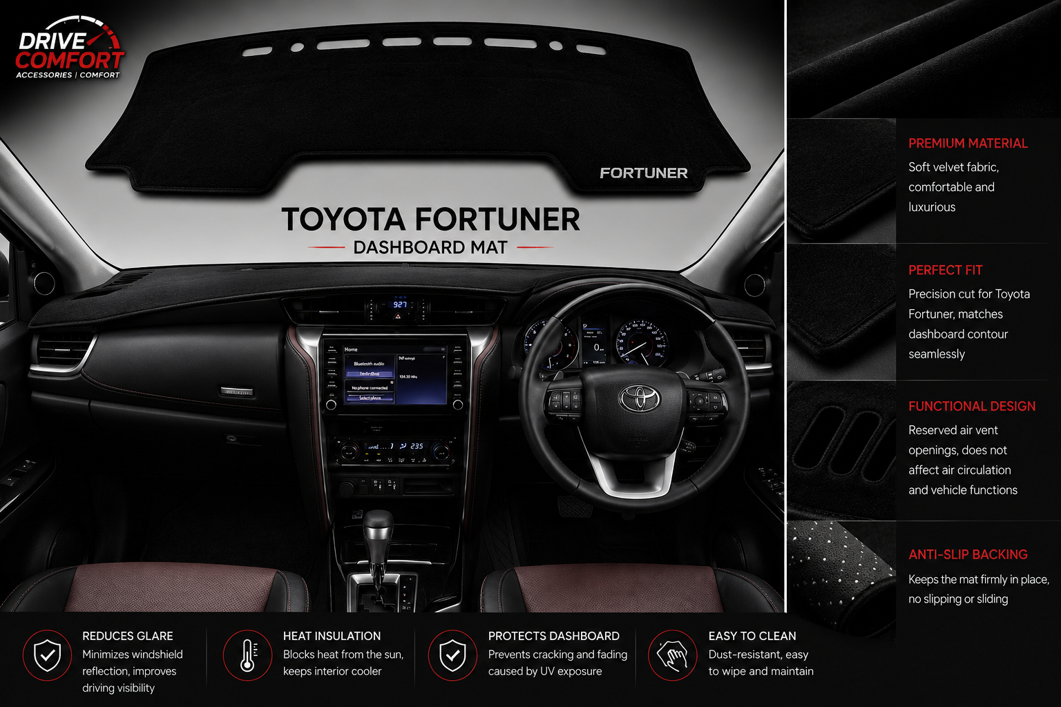 Toyota Fortuner Dashboard Mat Soft Velvet Fabric Sun Protection Cover