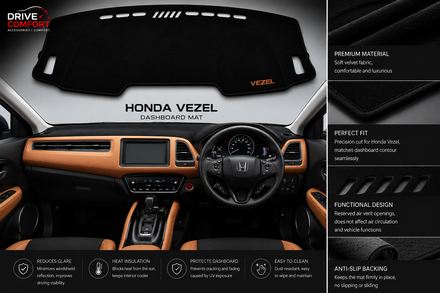 Honda Vezel Dashboard Mat Soft Velvet Fabric Sun Protection Cover