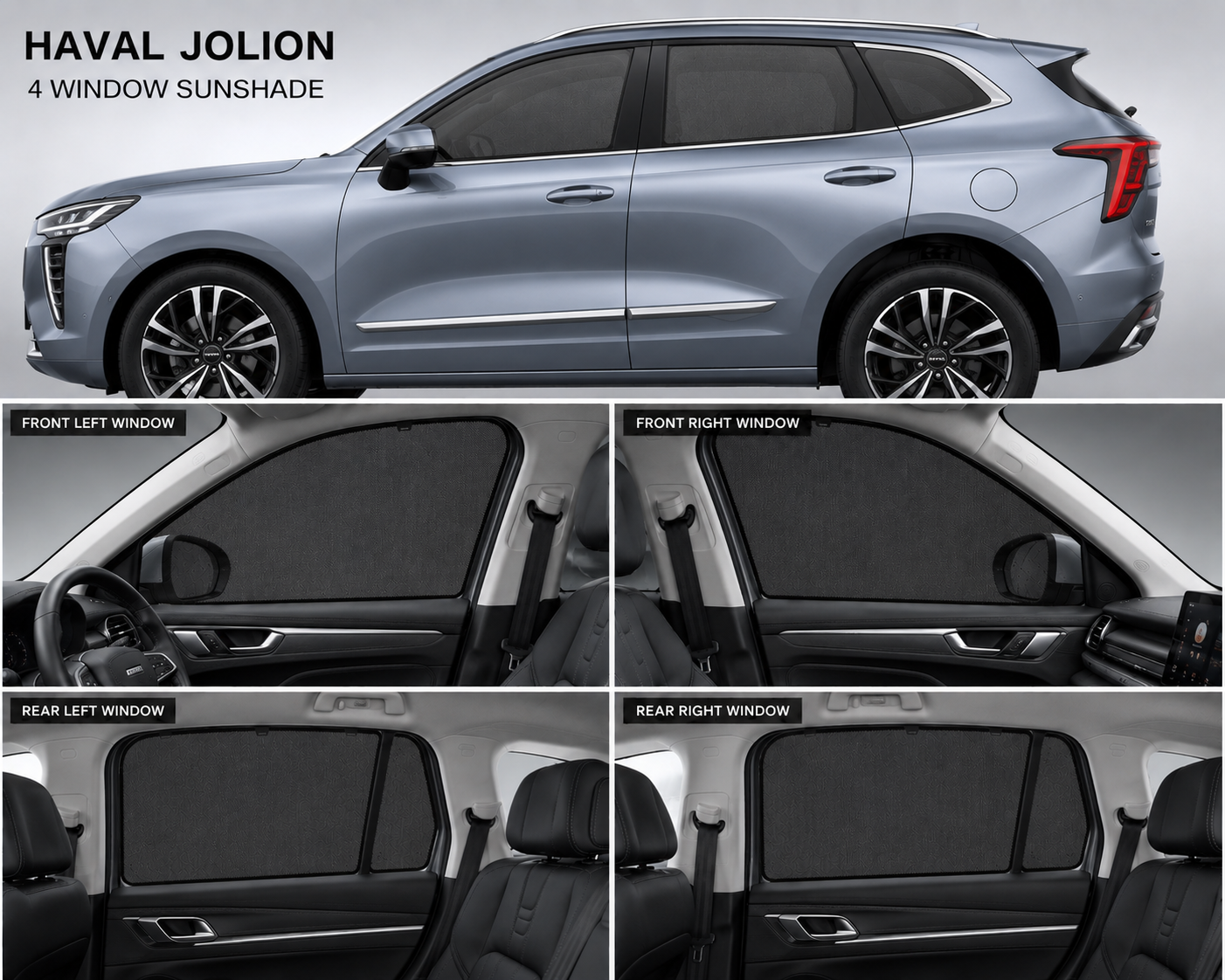 Haval Jolion Car Window Sun Shades Black 4 Piece UV Protection Set Without Logo