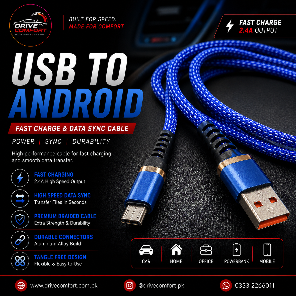 USB to Android (Micro USB) Fast Charge & Data Sync Cable – 2.4A High Speed Braided Cable with Aluminum Connectors