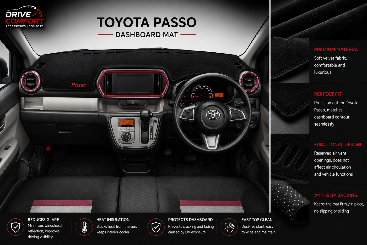 Toyota Passo Dashboard Mat Soft Velvet Fabric Sun Protection Cover
