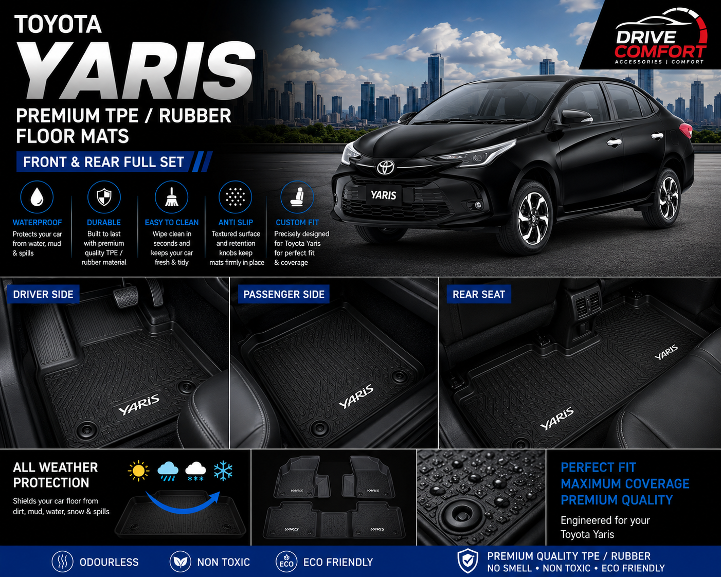 Toyota Yaris Premium TPE Floor Mats Custom Fit All Weather Car Mats