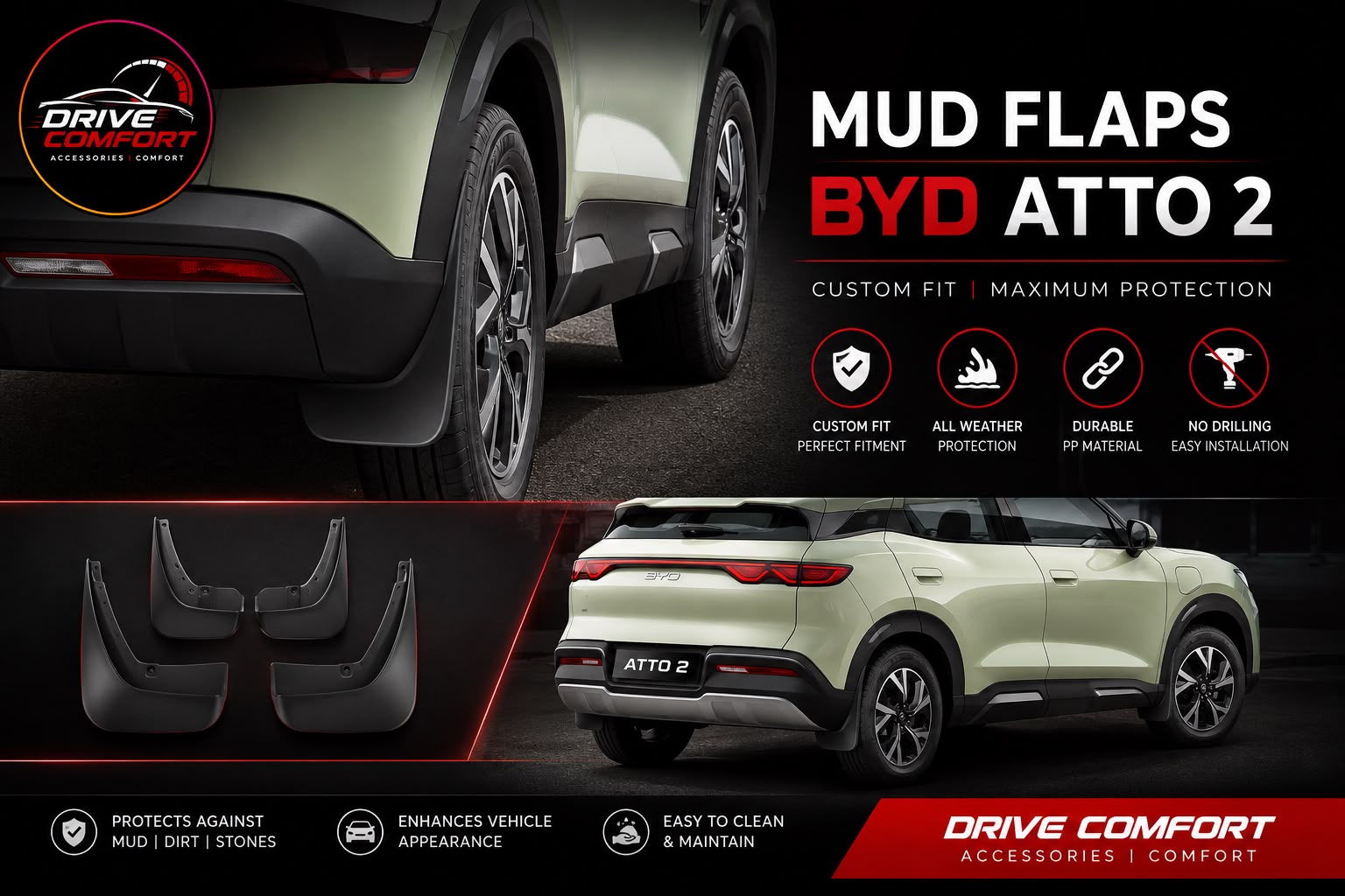 BYD Atto 2 Mud Flaps – Custom Fit, All Weather Protection | Durable PP Material | Easy Installation