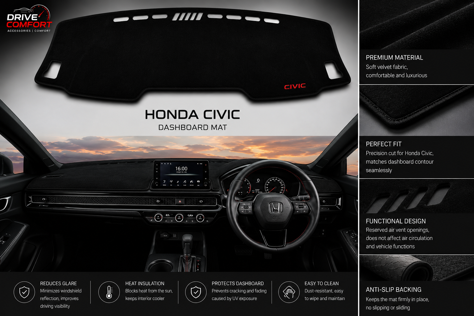 Honda Civic Dashboard Mat Soft Velvet Fabric Sun Protection Cover