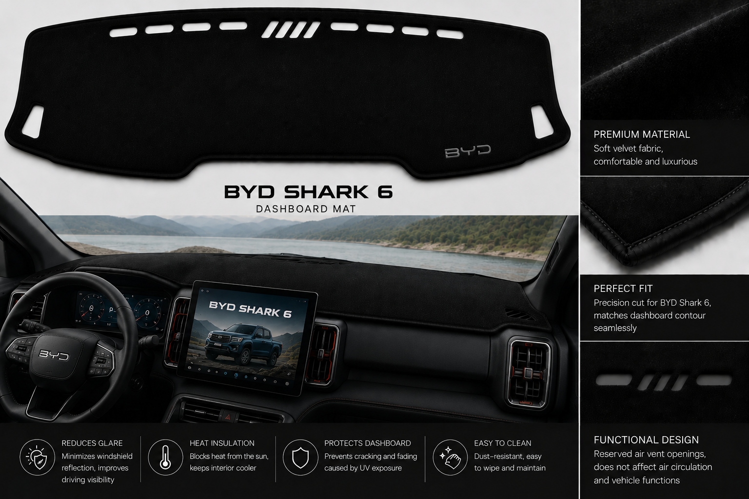 BYD Shark 6 Dashboard Mat Soft Velvet Fabric Sun Protection Cover
