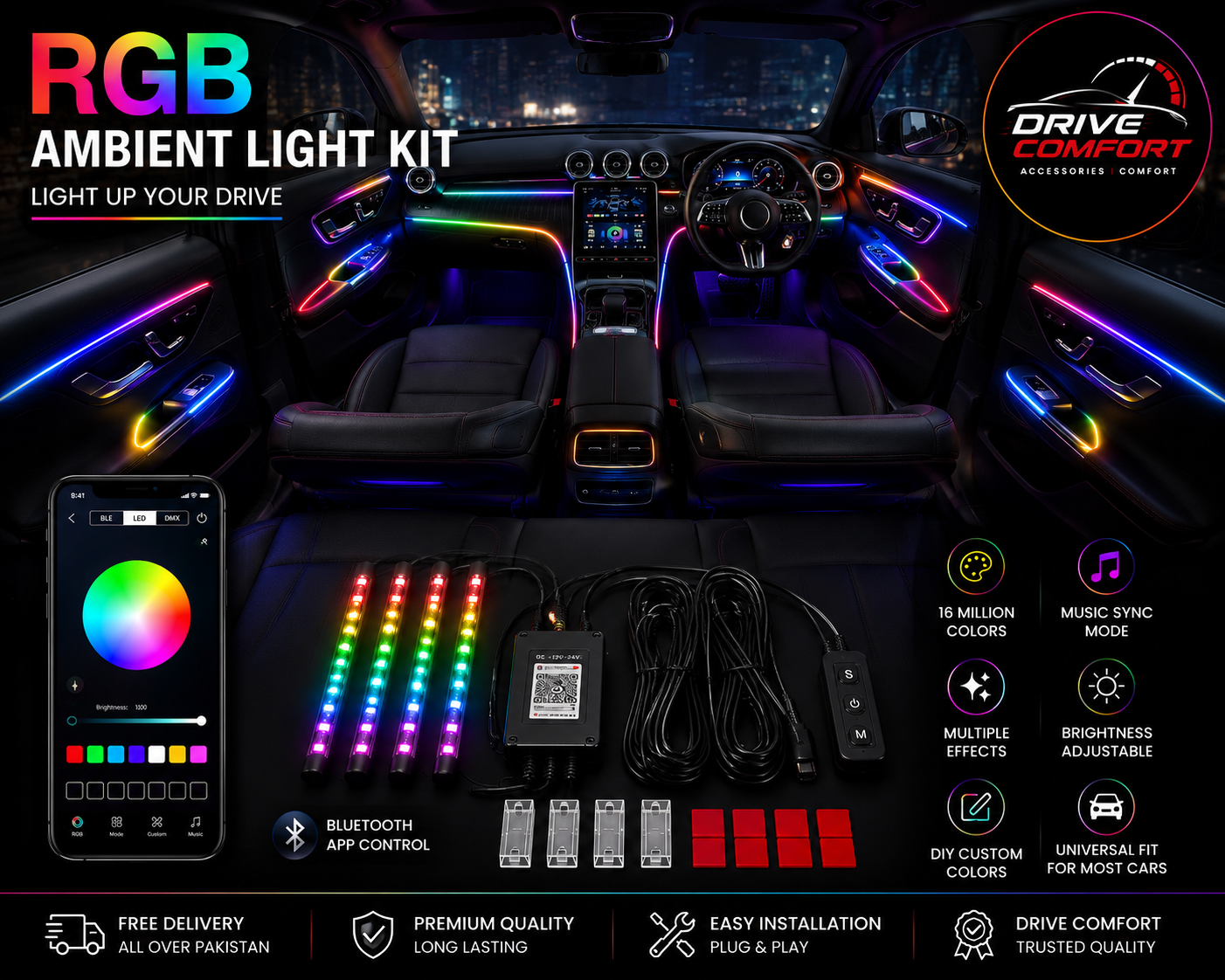 RGB Ambient Light Kit for Car – Bluetooth App Control | Music Sync | Multi Mode | Universal Fit All Cars
