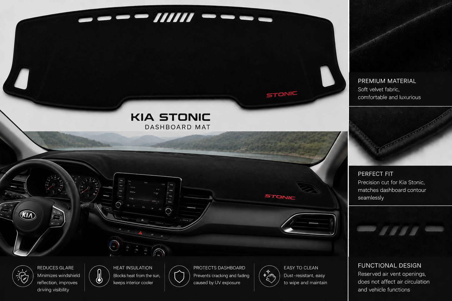 Kia Stonic Dashboard Mat Soft Velvet Fabric Sun Protection Cover