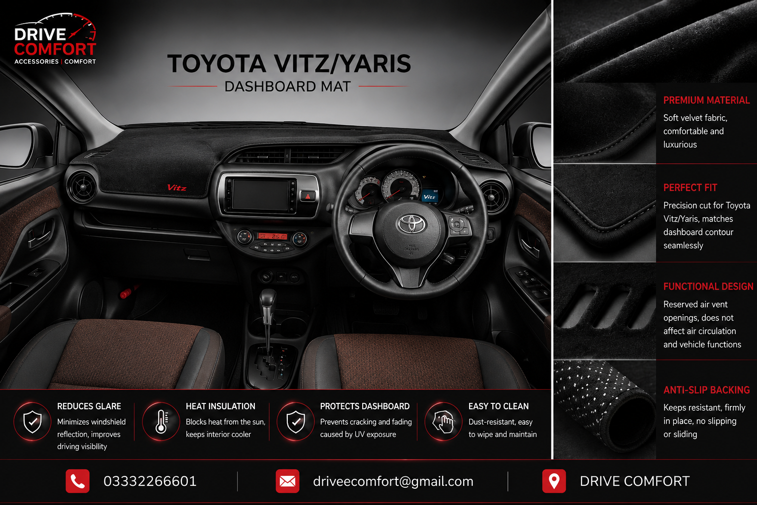 Toyota Vitz Dashboard Mat Soft Velvet Fabric Sun Protection Cover