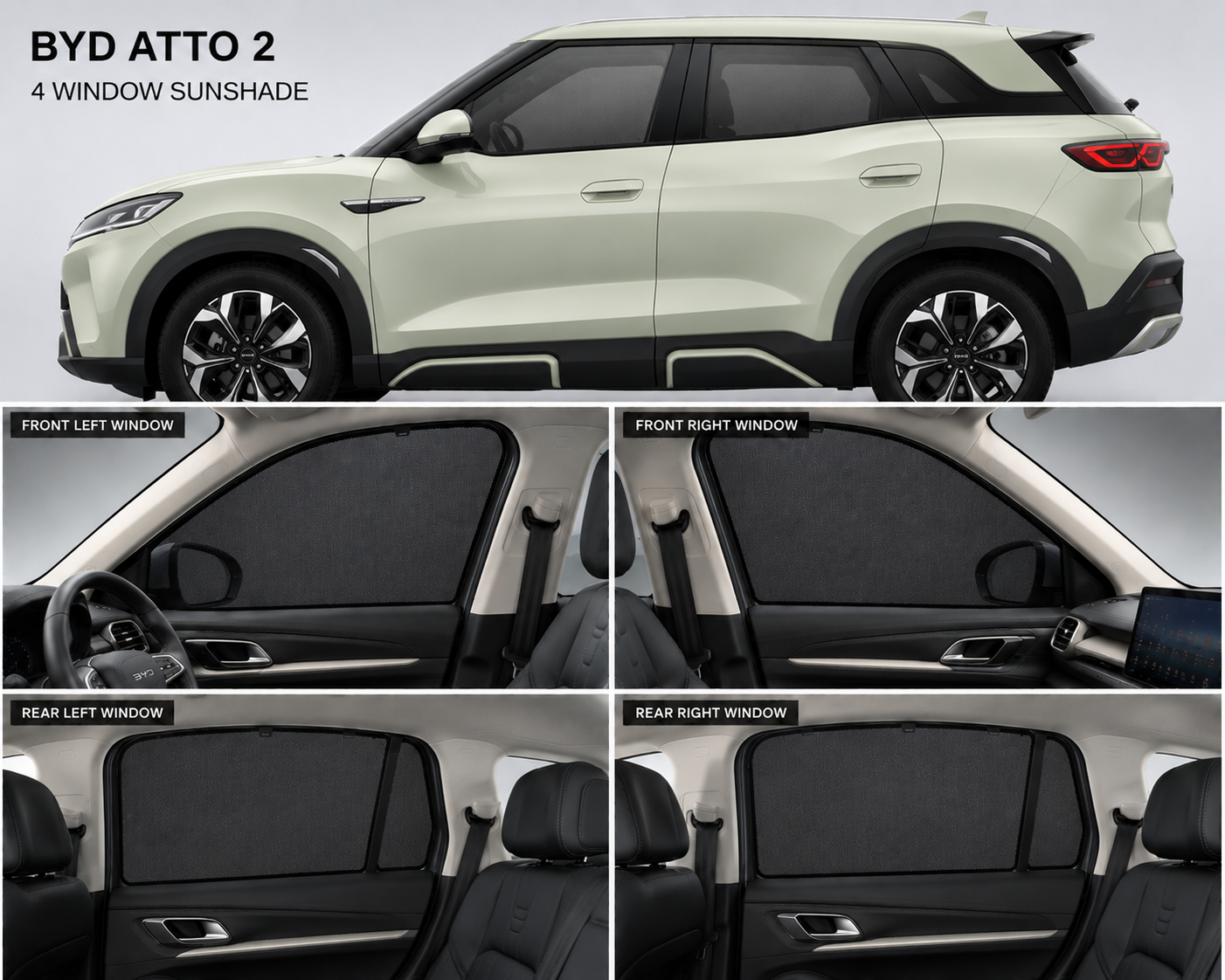 BYD Atto 2 Car Window Sun Shades  Black 4 Piece UV Protection Set With Logo