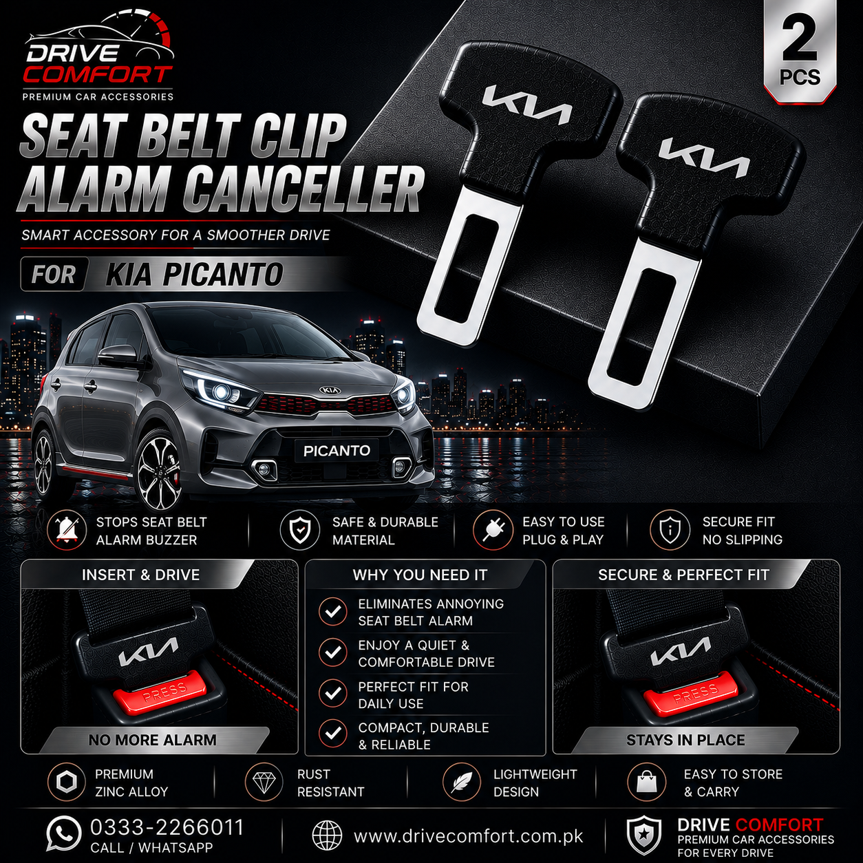 Kia Picanto Seat Belt Clip Alarm Canceller – Metallic 2 Pcs Set
