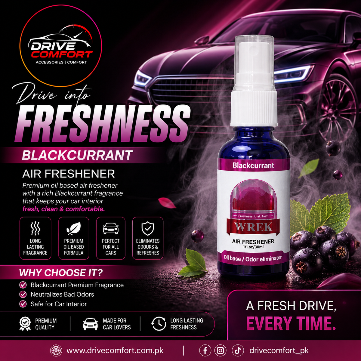 WREK Blackcurrant Air Freshener – Premium Oil Based 30ml Spray | Drive Comfort
