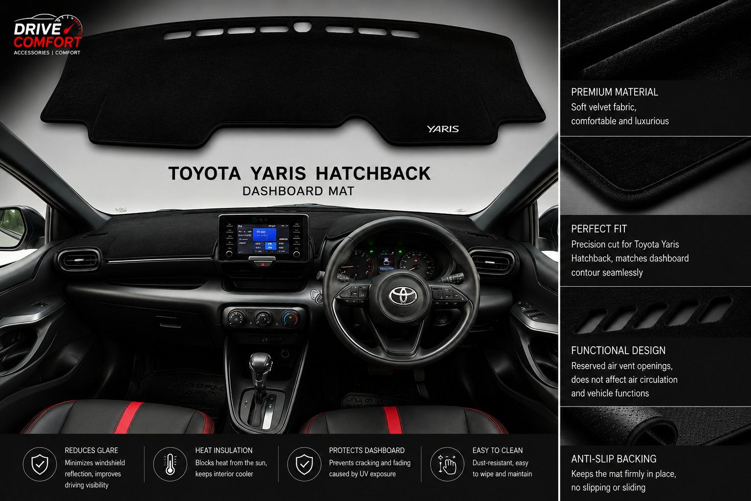 Toyota Yaris Hatchback Dashboard Mat Soft Velvet Fabric Sun Protection Cover
