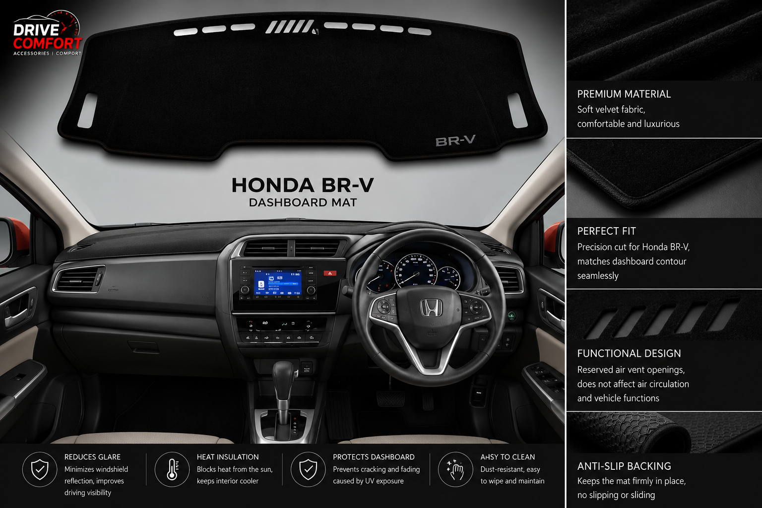 Honda BRV Dashboard Mat Soft Velvet Fabric Sun Protection Cover