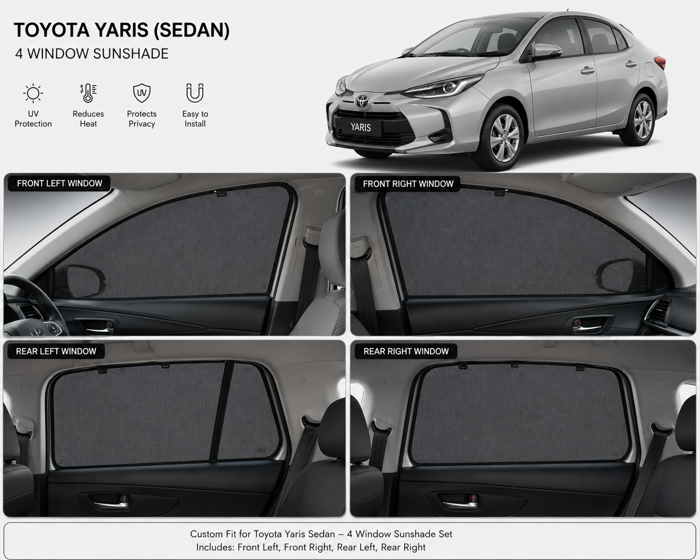 Toyota Yaris Car Window Sun Shades Black 4 Piece UV Protection Set With Logo