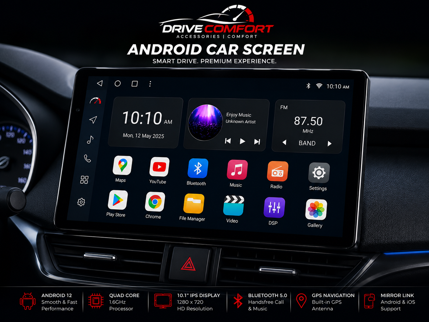 10.1-Inch Android Car Screen – Android 12, GPS, Bluetooth & Mirror Link
