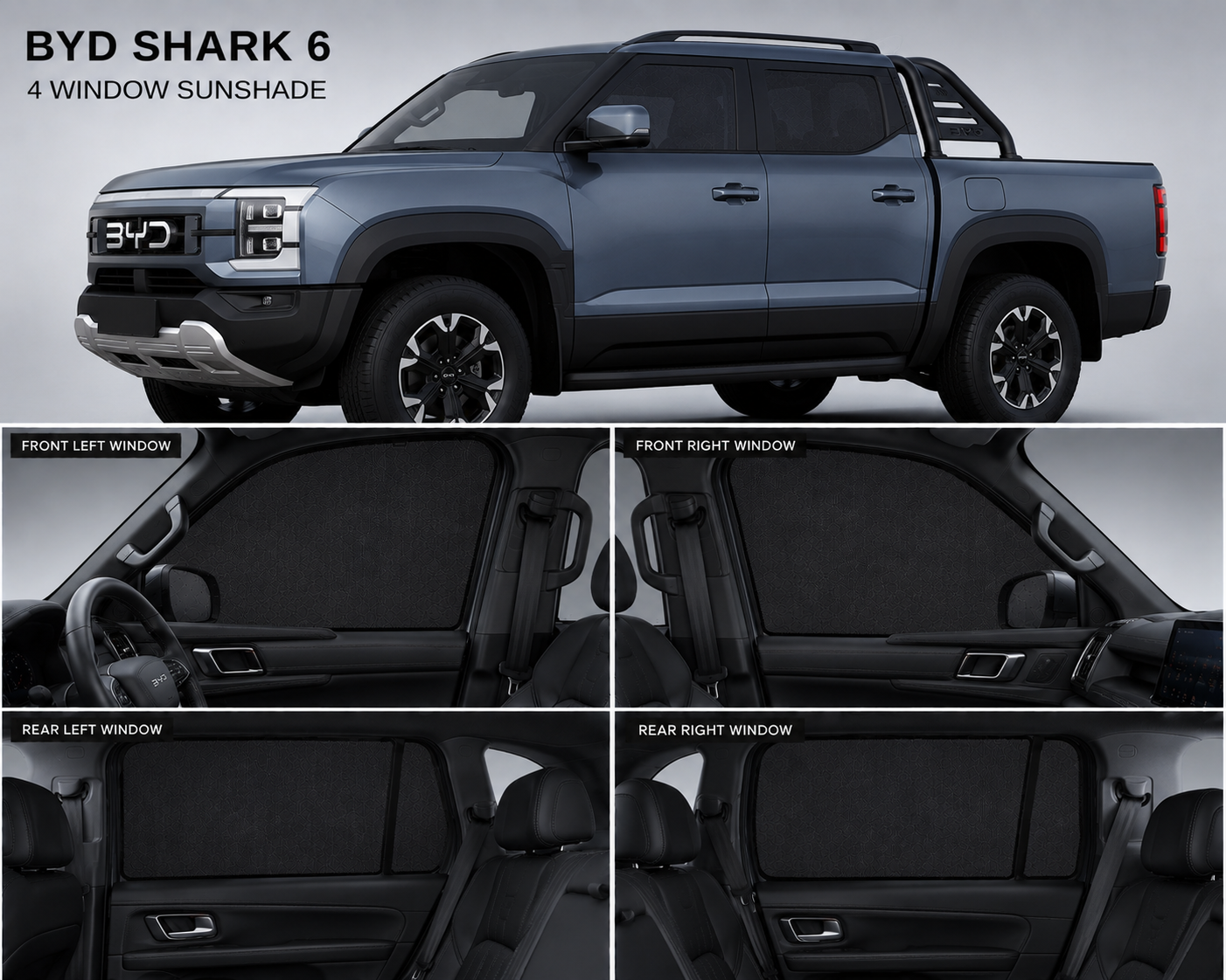 BYD Shark 6 Car Window Sun Shades Black 4 Piece UV Protection Set Without Logo