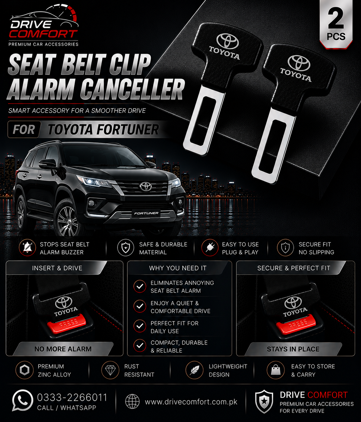 Toyota Fortuner Seat Belt Clip Alarm Canceller – Metallic 2 Pcs Set