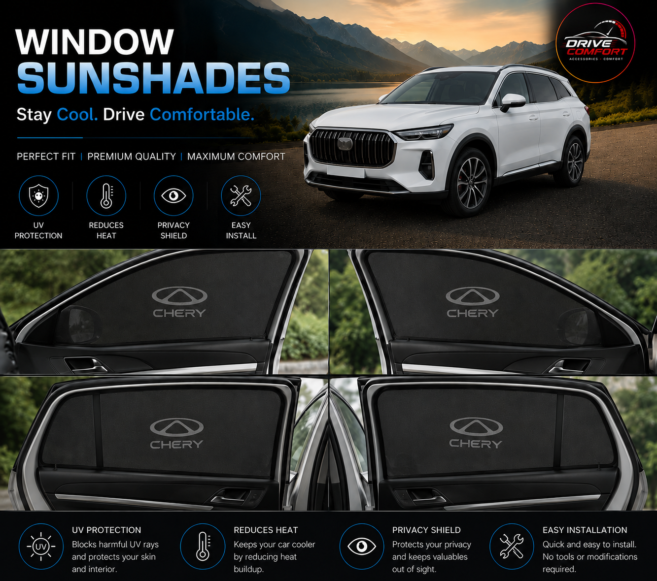 Chery Tiggo 9 Car Window Sun Shades – Black 4 Piece UV Protection Set With Logo
