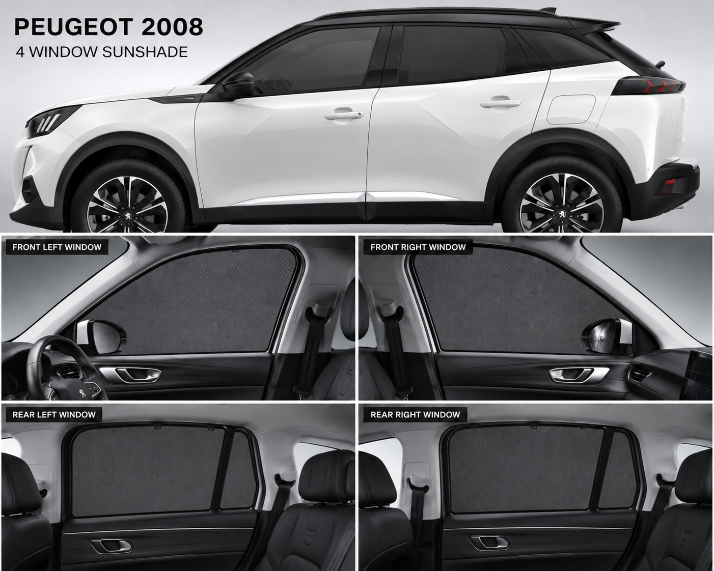 Peugeot 2008 Car Window Sun Shades Black 4 Piece UV Protection Set Without Logo