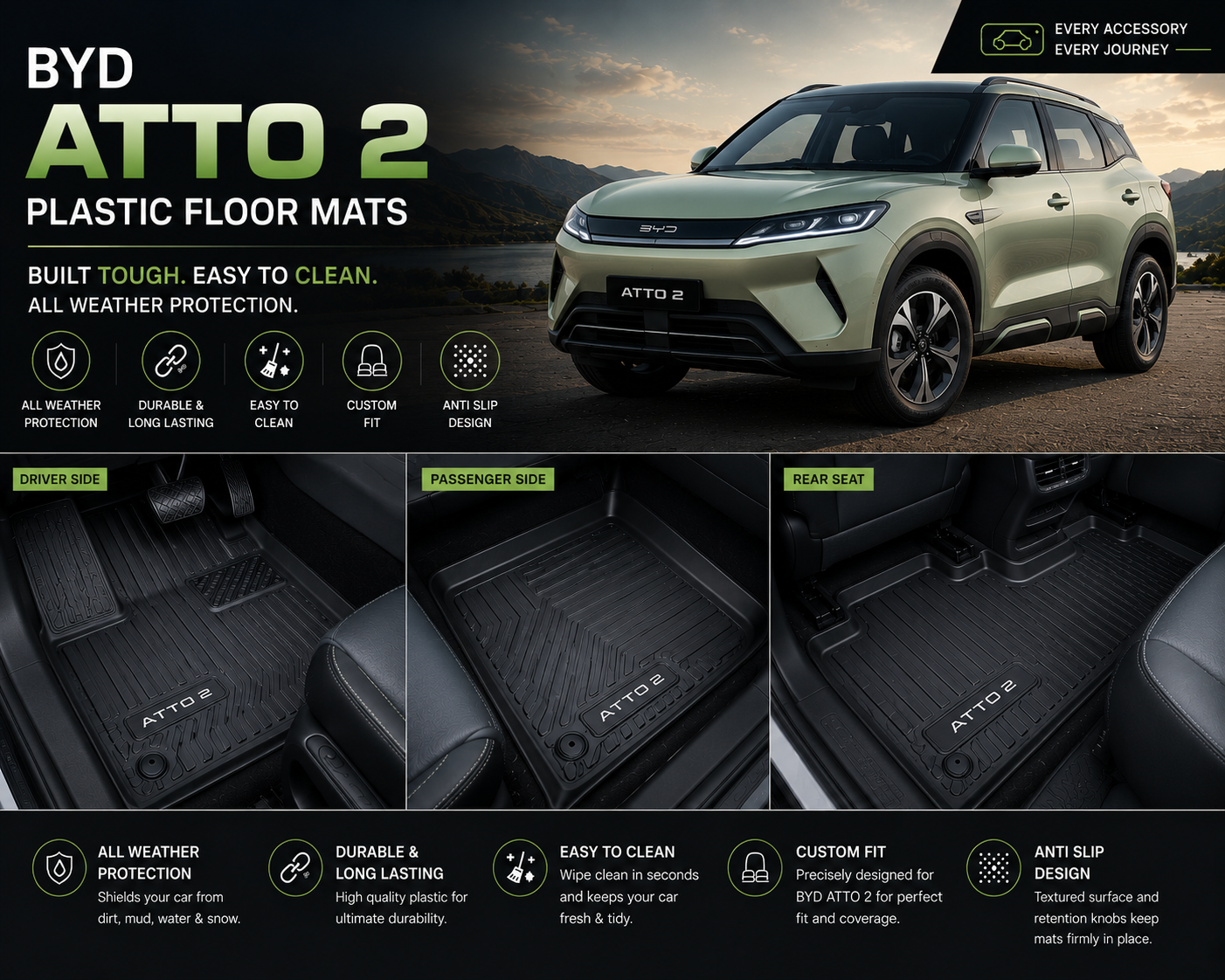 BYD Atto 2 Premium TPE Floor Mats Custom Fit All Weather Car Mats