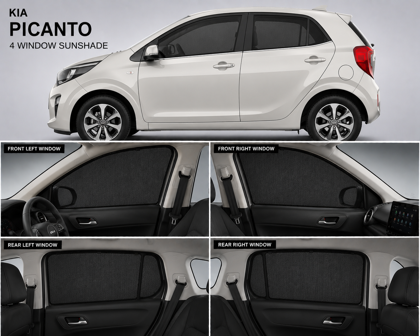 Kia Picanto Car Window Sun Shades Black 4 Piece Set With Logo