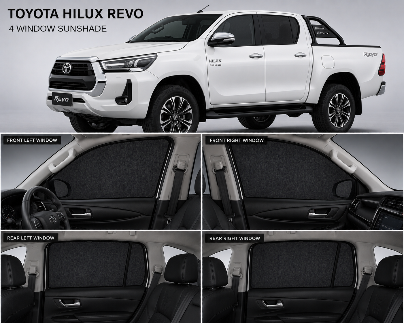 Toyota Revo Car Window Sun Shades Black 4 Piece UV Protection Set With Logo