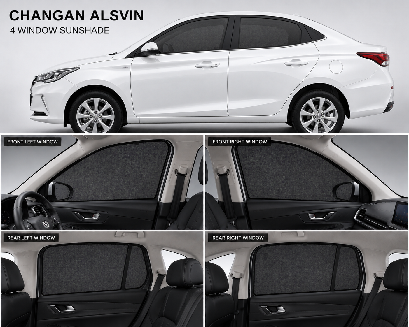 Changan Alsvin Car Window Sun Shades Black 4 Piece UV Protection Set With Logo