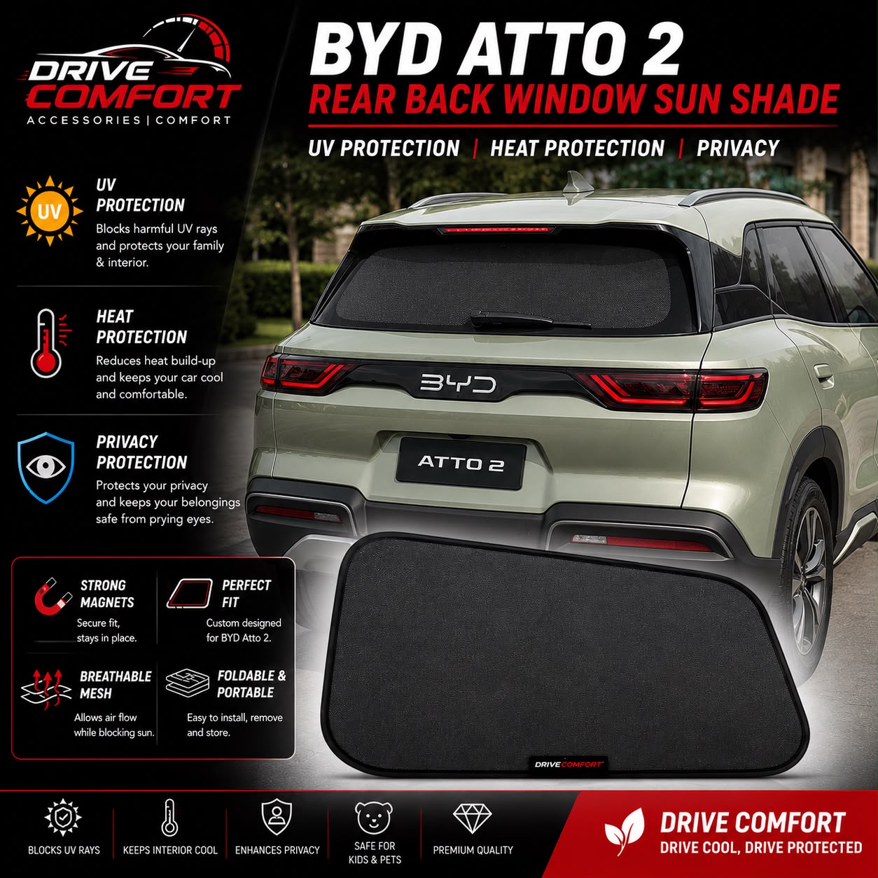 BYD Atto 2 Rear Back Window Sun Shade – UV & Heat Protection