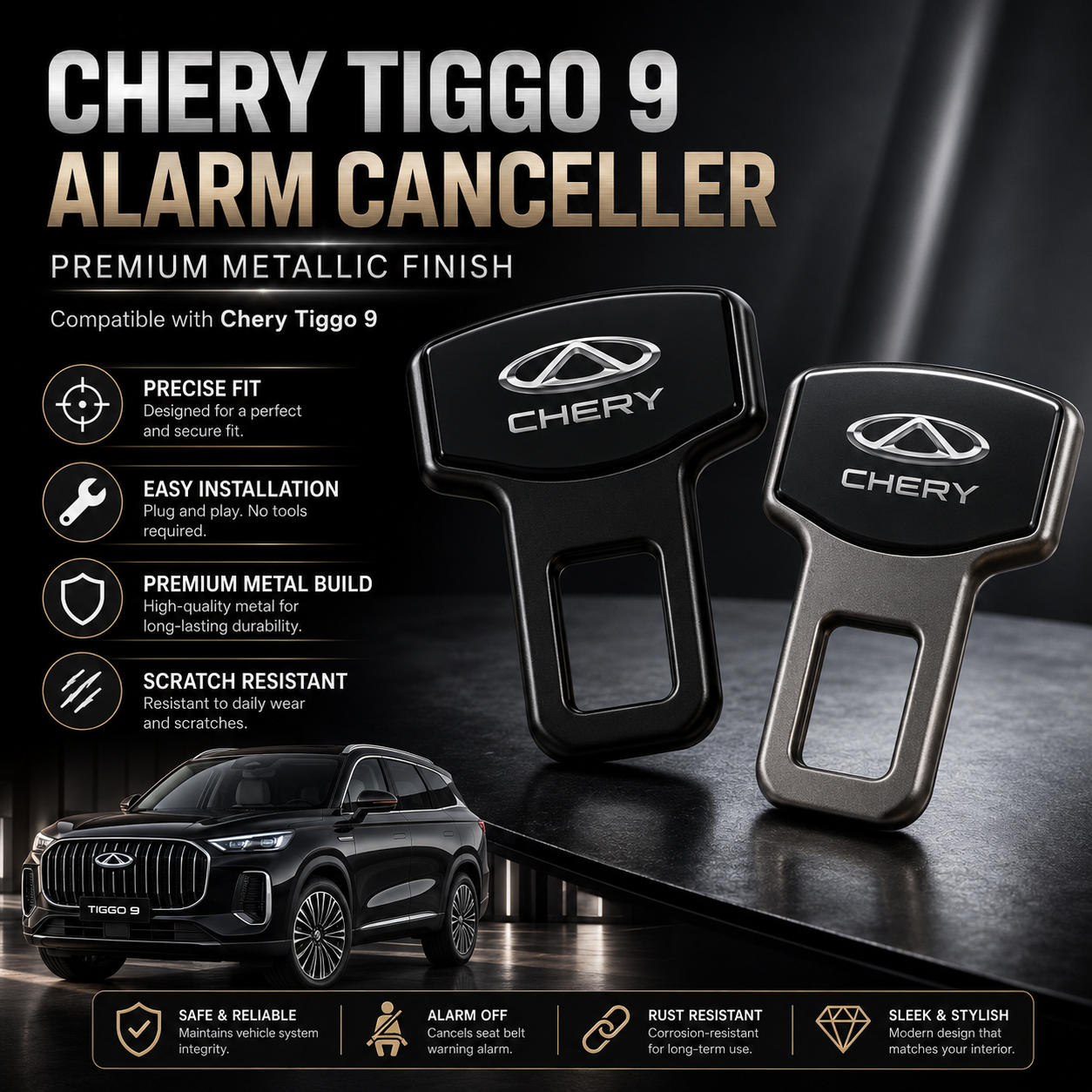 Chery Tiggo 9 Seat Belt Clip Alarm Canceller – Metallic 2 Pcs Set