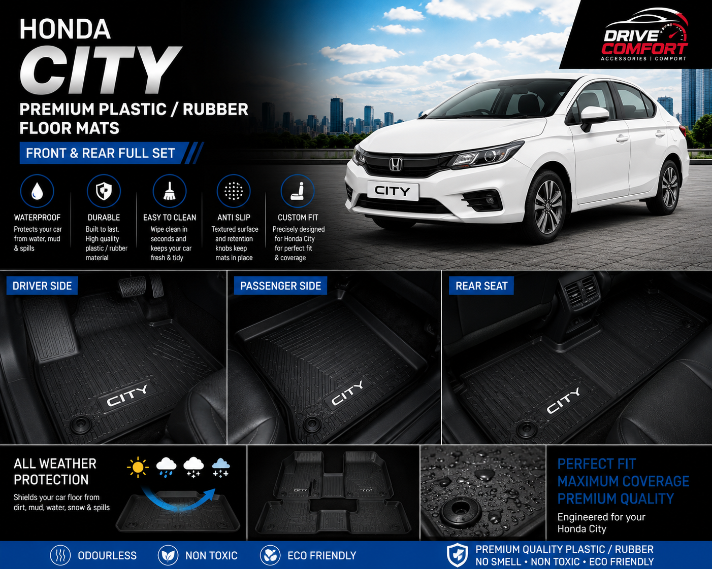 Honda City Premium TPE Floor Mats Custom Fit All Weather Car Mats