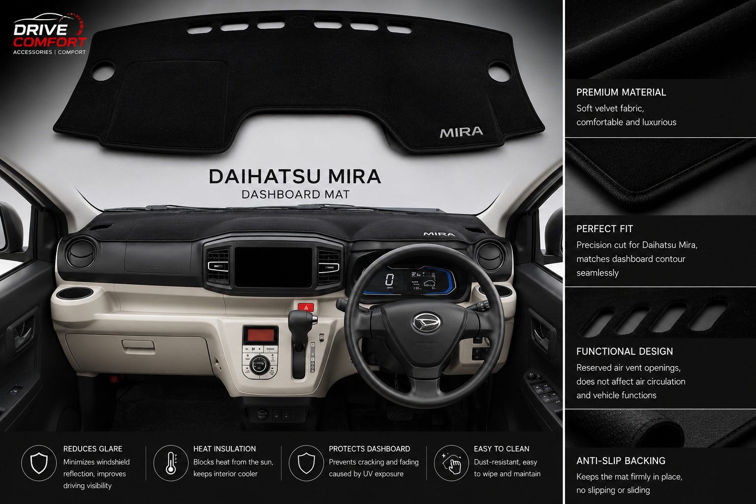 Daihatsu Mira Dashboard Mat Soft Velvet Fabric Sun Protection Cover