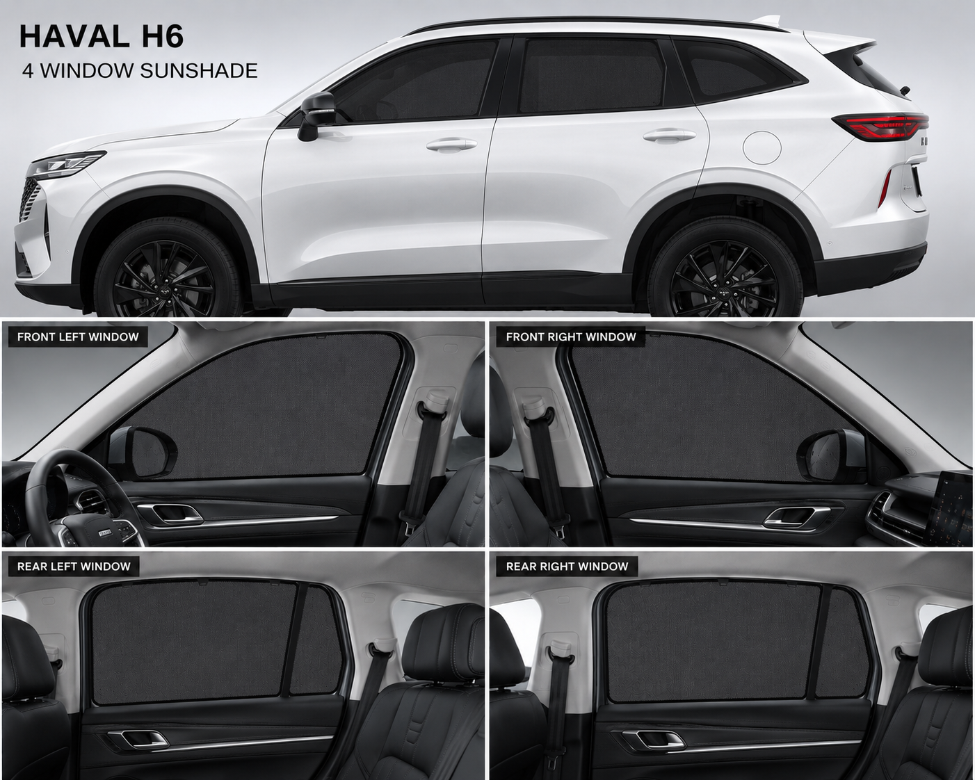 Haval H6 Car Window Sun Shades Black 4 Piece UV Protection Set With Logo