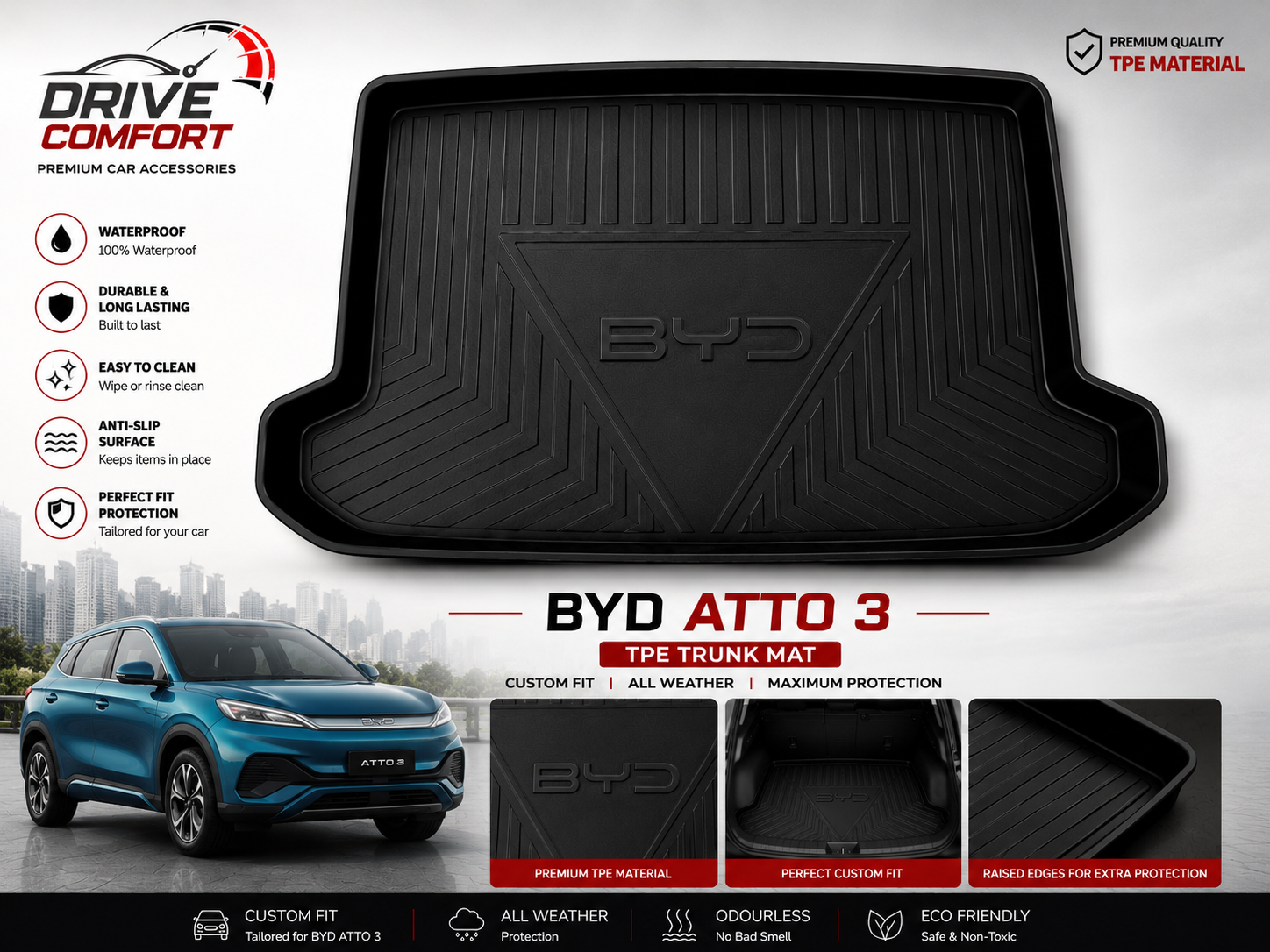 BYD Atto 3 TPE Trunk Mat – Premium Plastic Boot Protection