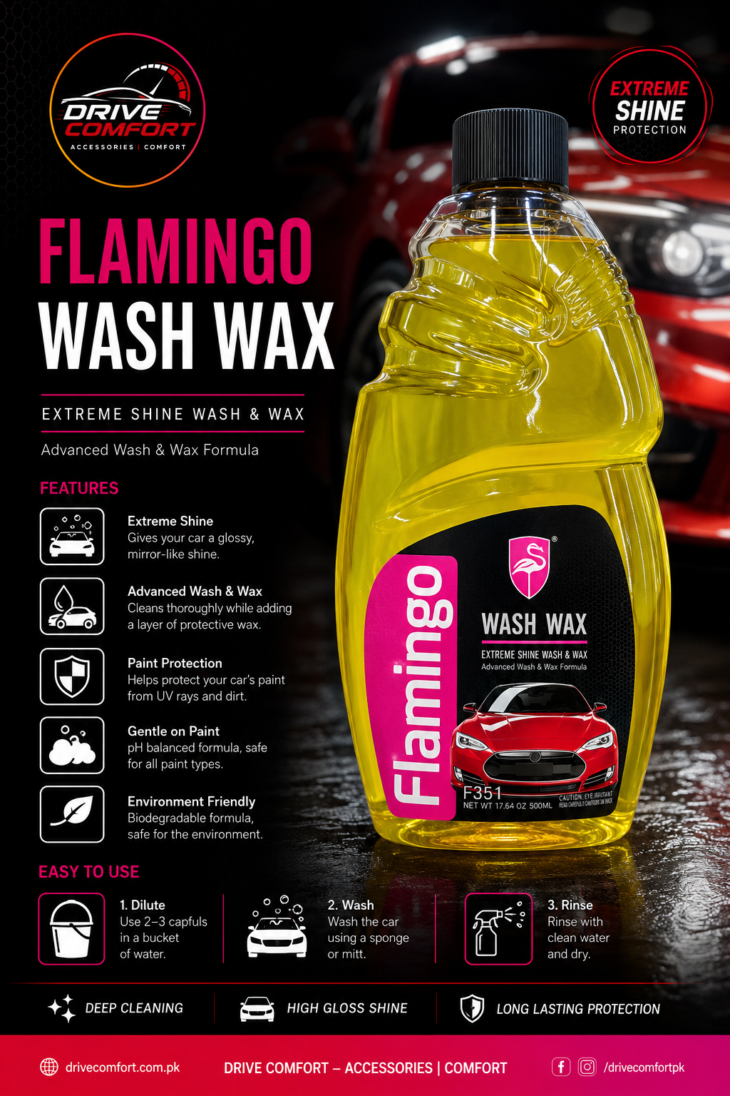 Flamingo Wash Wax F351 500ml – Premium Car Wash Shampoo with Wax