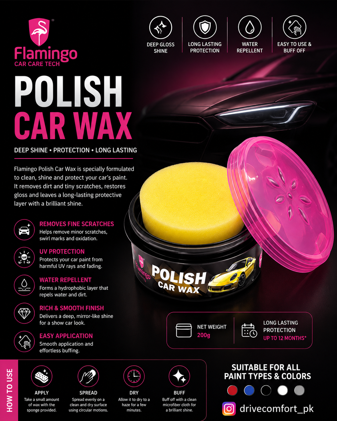 Flamingo Polish Car Wax 200g – Deep Gloss Shine & Long Lasting Paint Protection