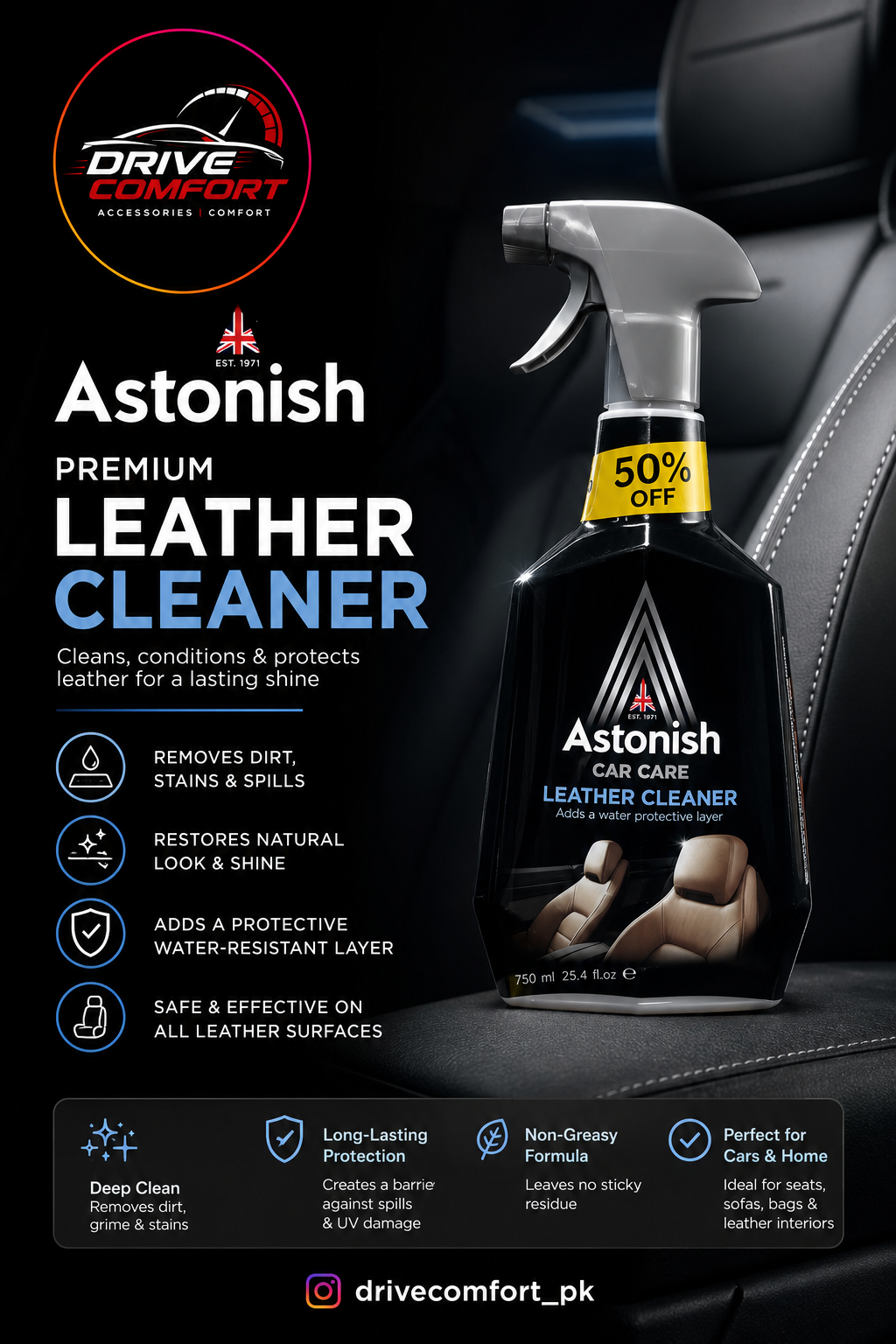 Astonish Premium Leather Cleaner 750ml – Deep Clean & Protection for Car Leather Seats