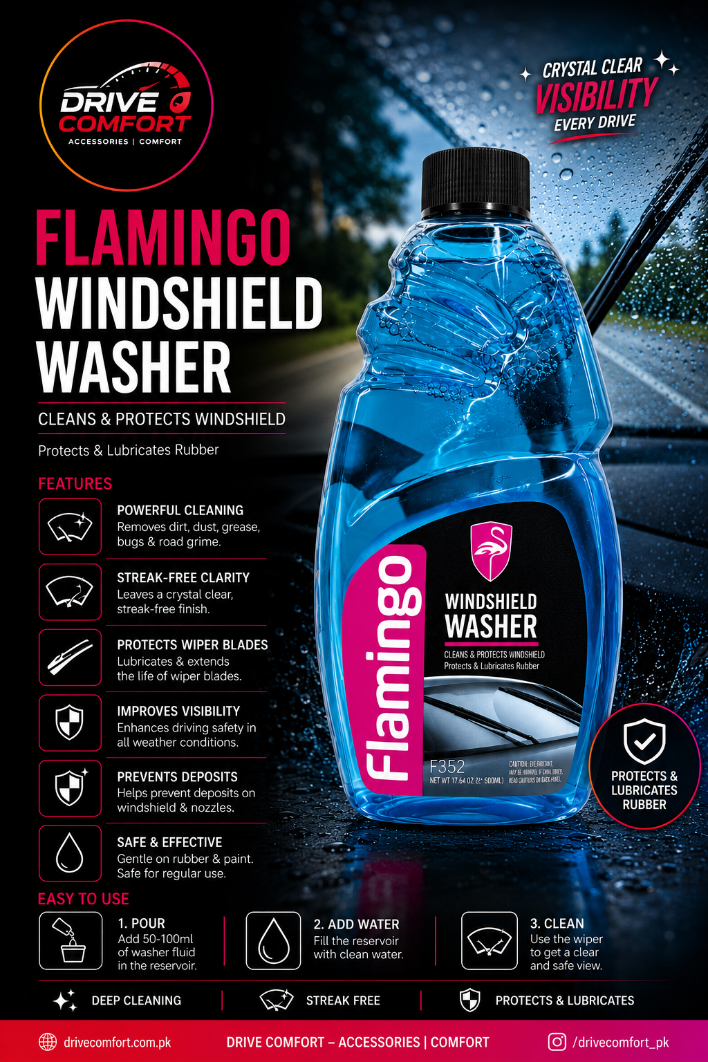Flamingo Windshield Washer F352 500ml– Car Glass Cleaner & Washer Fluid