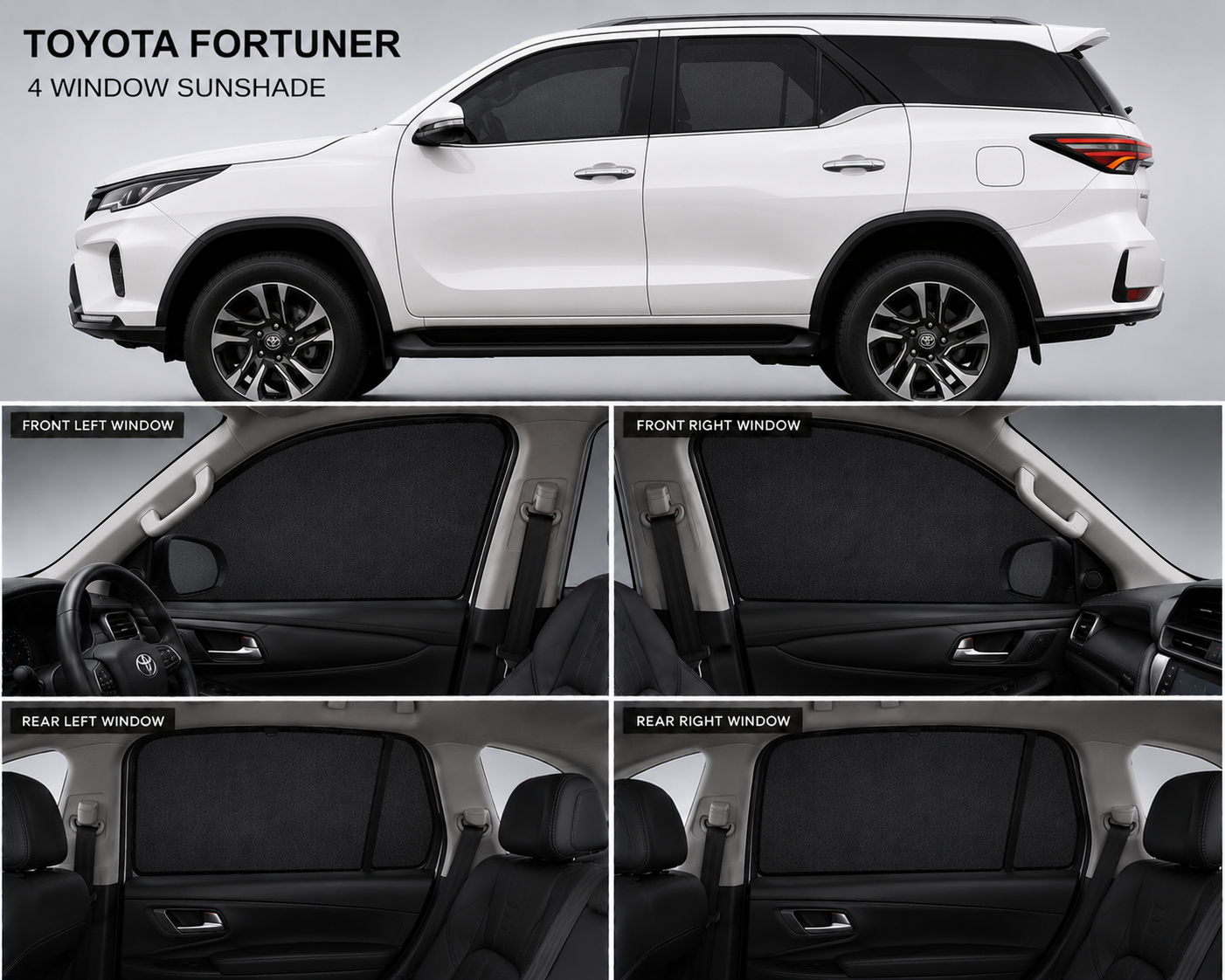 Toyota Fortuner Car Window Sun Shades Black 4 Piece UV Protection Set With Logo