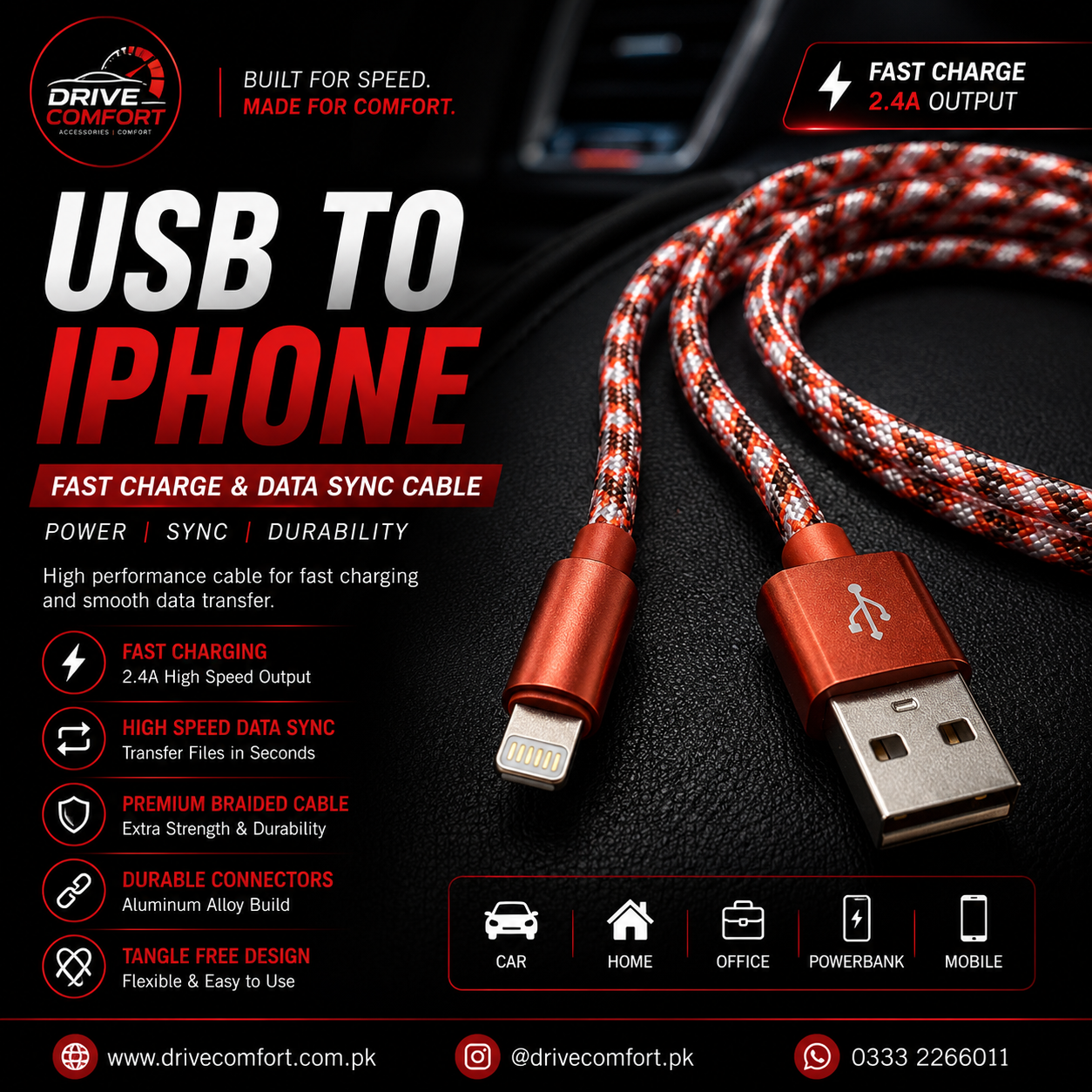 USB to iPhone (Lightning) Fast Charge & Data Sync Cable – 2.4A High Speed Braided Cable with Aluminum Connectors