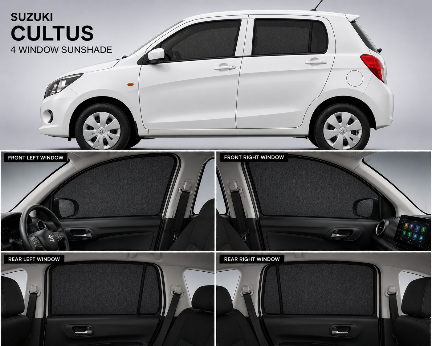 Suzuki Cultus Car Window Sun Shades Black 4 Piece Set With Logo