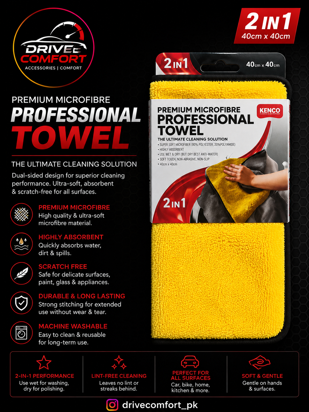 Kenco Premium Microfibre Professional Towel 40x40cm – Ultra Soft Car Cleaning Cloth