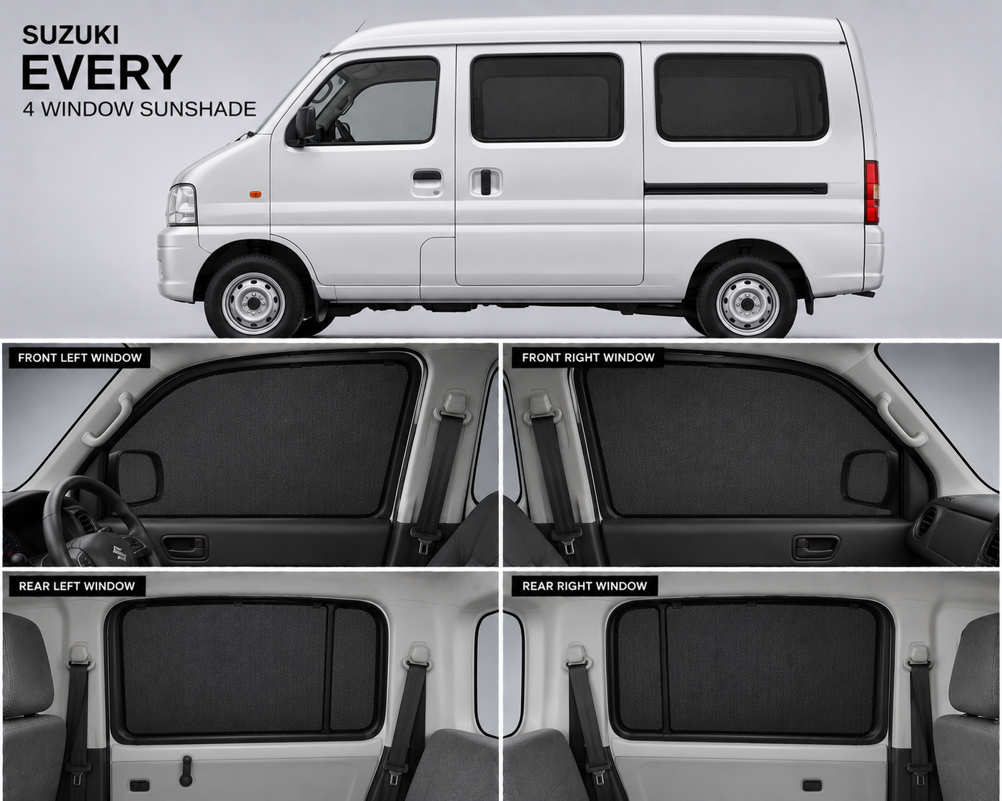 Suzuki Every Car Window Sun Shades  Black 4 Piece UV Protection Set With Logo