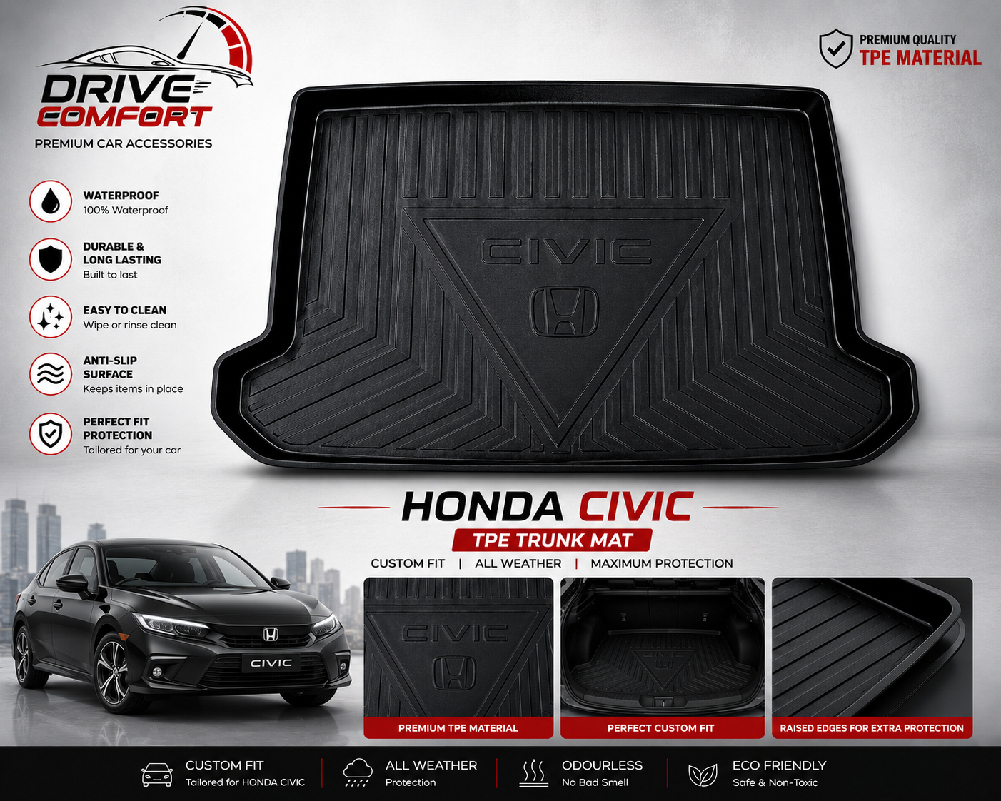 Honda Civic TPE Trunk Mat – Premium Plastic Boot Protection