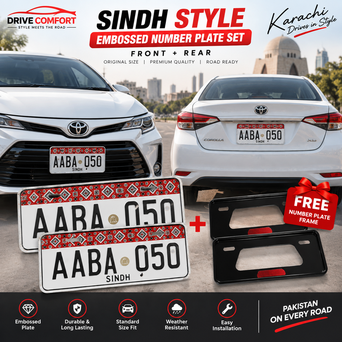 Sindh Ajrak Embossed Number Plate Set – Front + Rear | FREE Frame Included